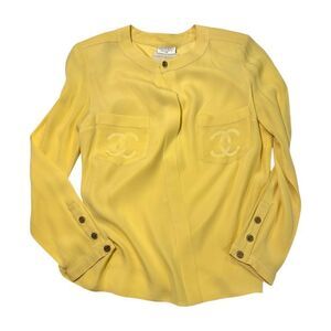 CHANEL SILK CC Logo Canary Yellow Blouse CC Gold Tone Button Detail |Size:36|